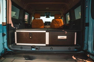 Explore Series vehicle storage and refrigerator drawer package installed in van cargo area