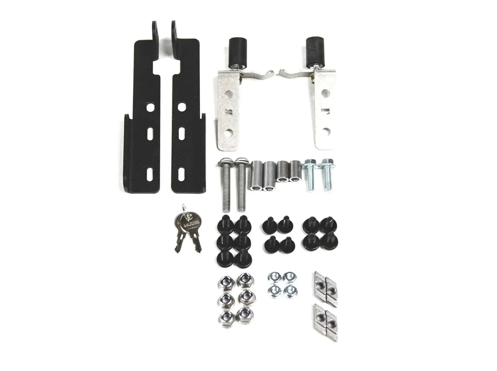 GateKEEPER for INEOS Grenadier components and installation kit displayed, featuring keys, brackets, screws, and bolts from Leitner Designs.