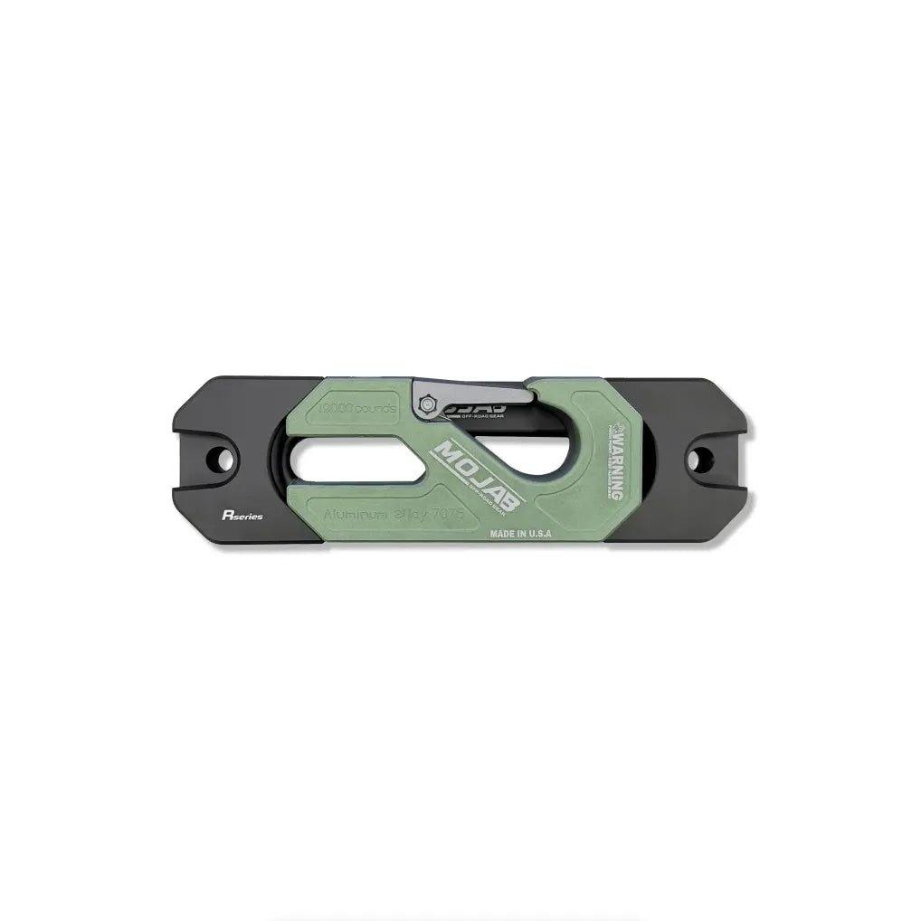 Mojab Indexing Fairlead and Hook in black and green for off-road vehicle rigging and recovery tasks