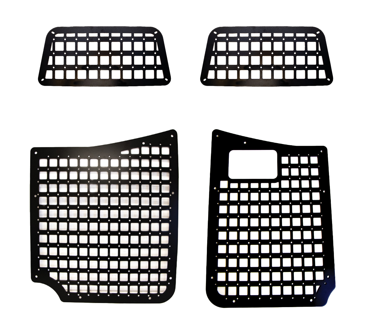 Set of four rear door modular MOLLE storage panels for Mercedes Sprinter, black powder coated aluminum