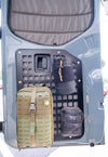 Rear door modular MOLLE storage panel mounted on Mercedes Sprinter 2019+ with attached gear pouches