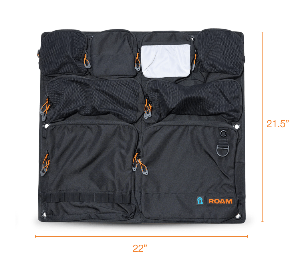 Rugged modular door organizer for Winnebago Ekko with multiple storage compartments.