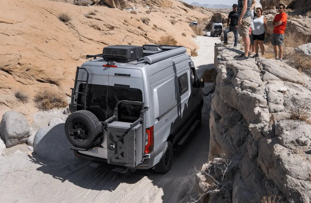 Bike rack and box carrier for 2019+ Sprinter VS30, versatile and secure hauling solution.