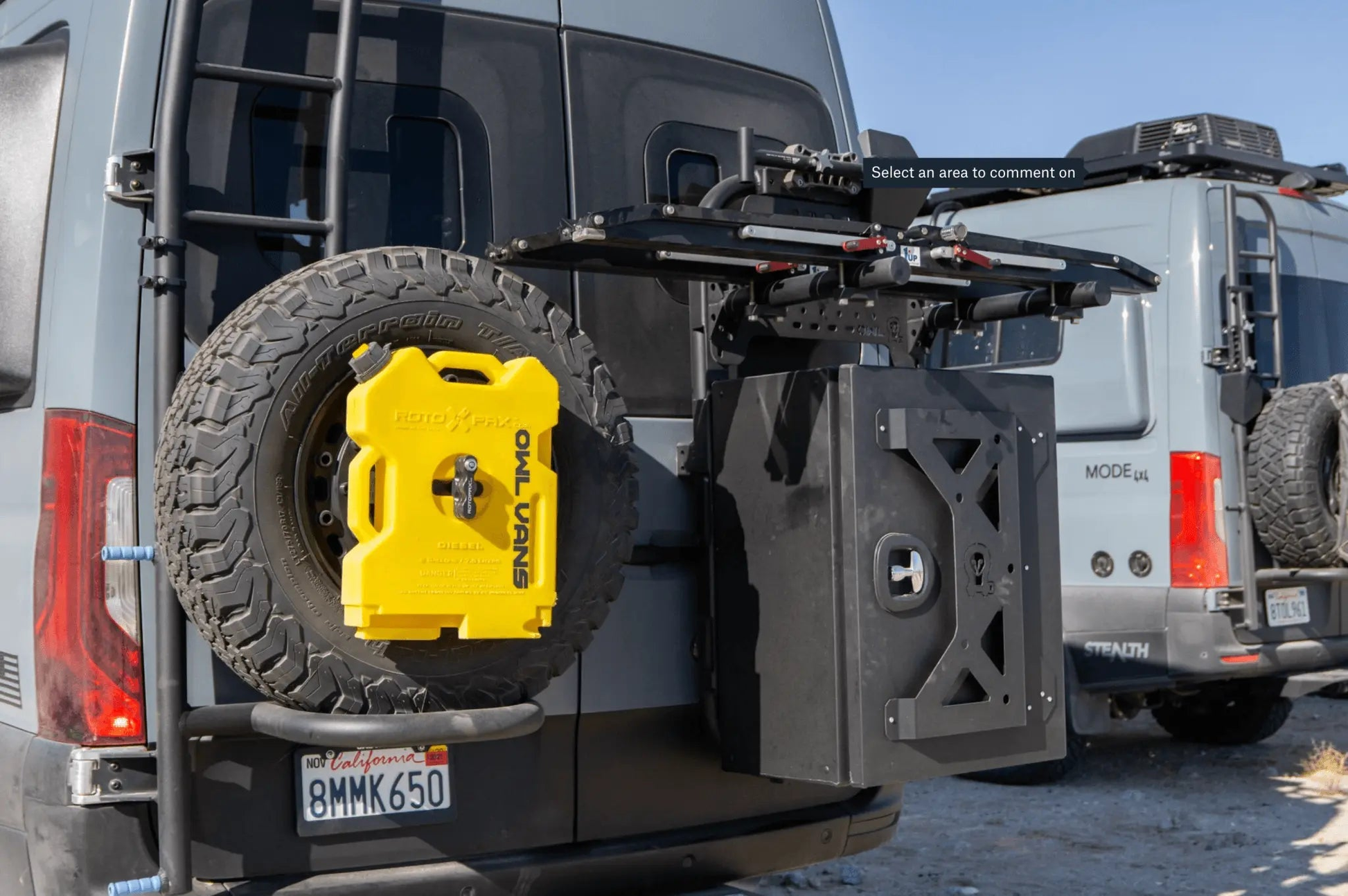 Bike rack and box carrier mounted on a 2019+ Sprinter VS30, showcasing Owl's B2 Classic versatile carrier.