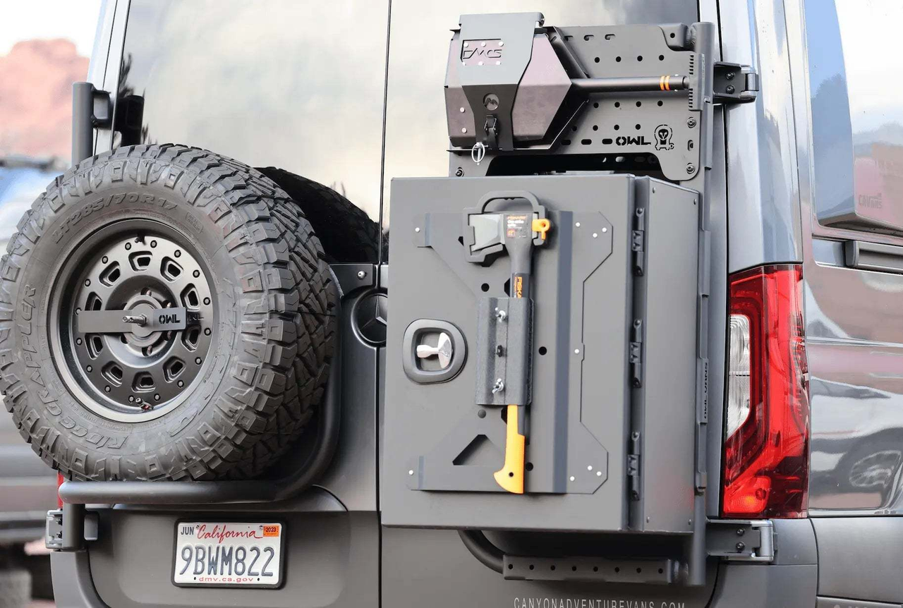 Owl Rear Door Tire Carrier with cargo box and spare tire mounted on Sprinter van