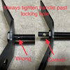 Expedition Tire Carrier for Sprinter with correct and incorrect handle tightening instructions.