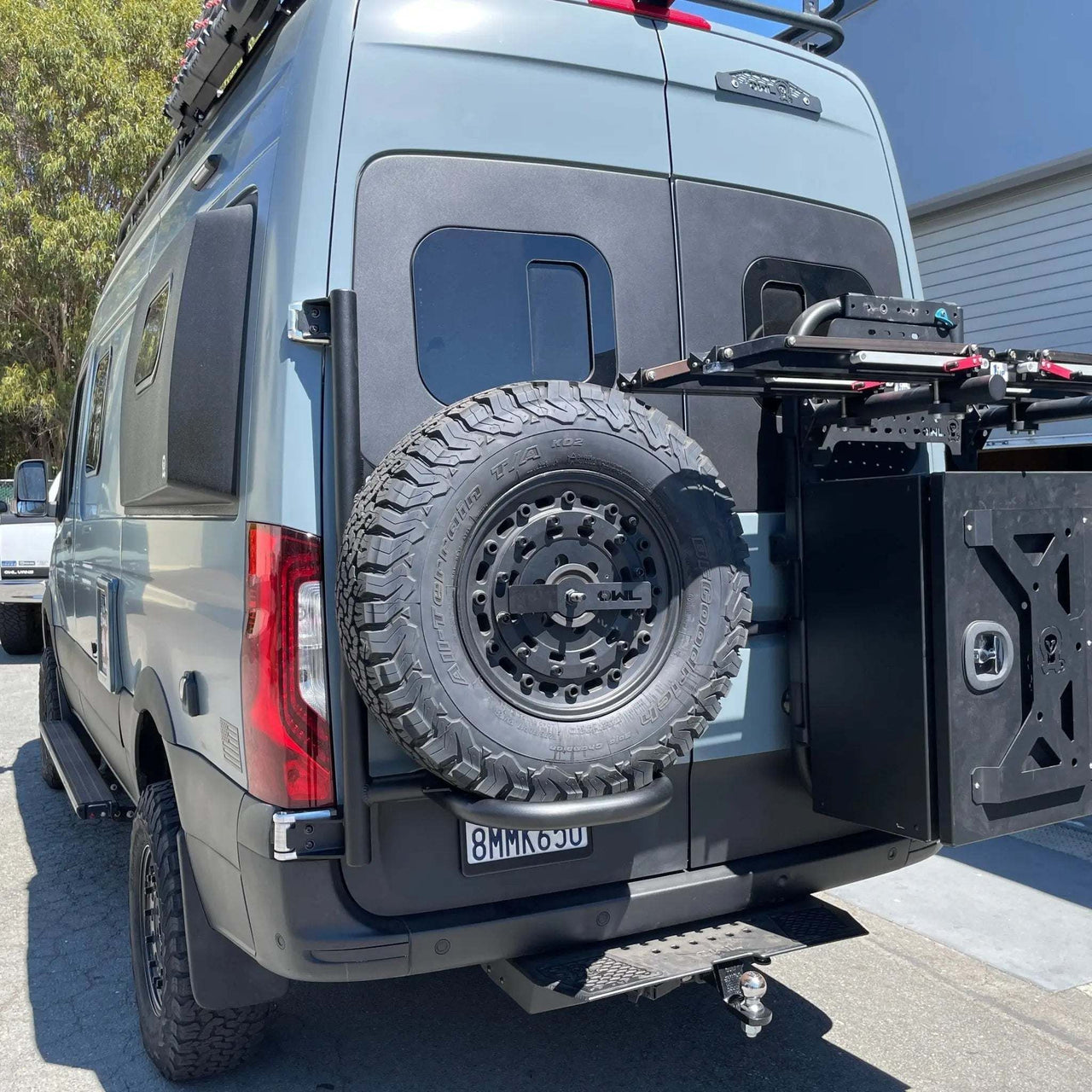 Owl Sprinter Rear Door Tire Carrier with cargo box and 1Up bike tray on Mercedes Sprinter van