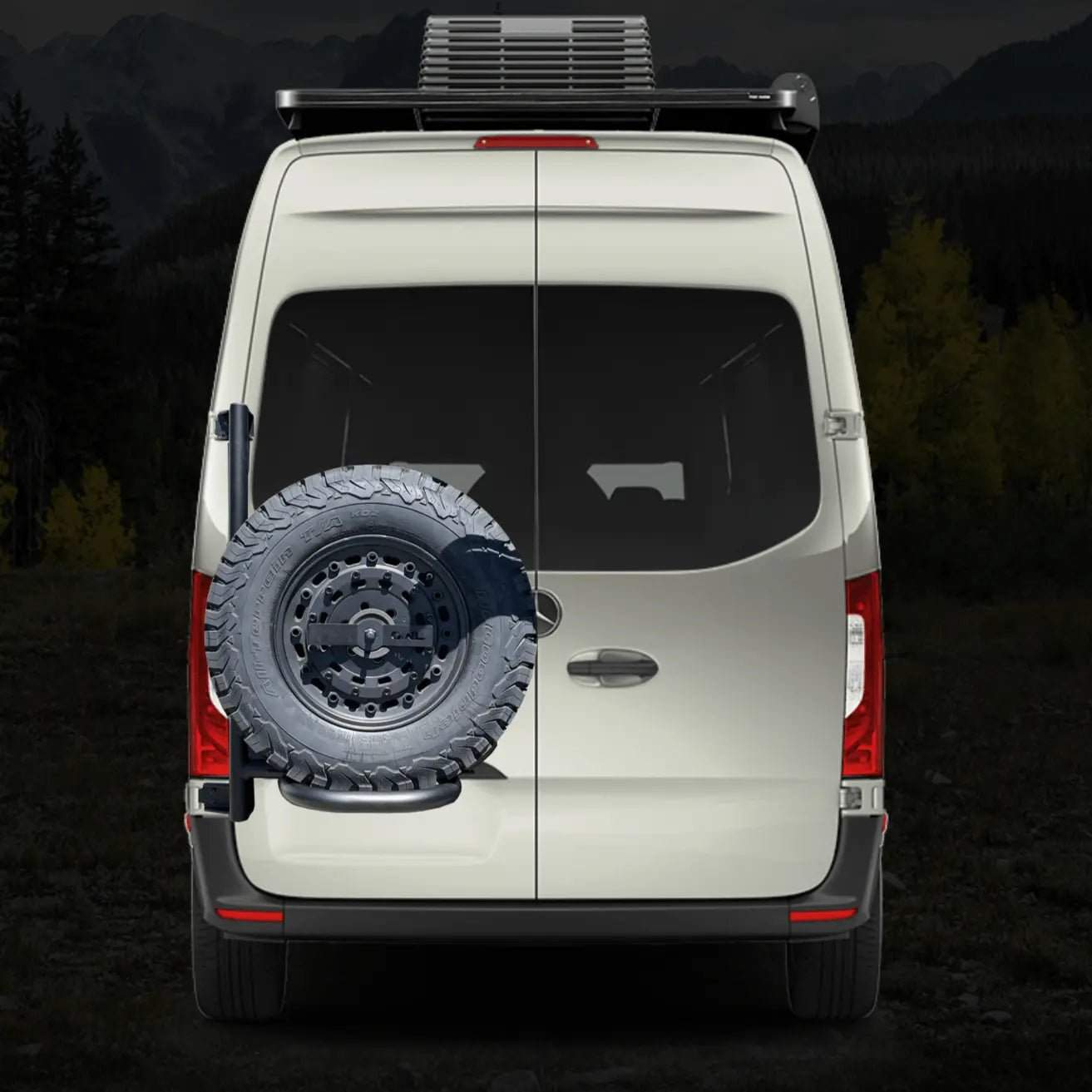 Expedition Tire Carrier mounted on a 2019+ Sprinter van showcasing rear door access.