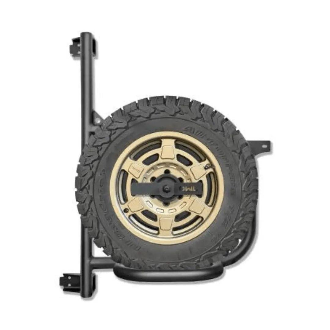Expedition Tire Carrier for 2019+ Sprinter, rear-mounted, high-strength aluminum, holds up to 37" tire.