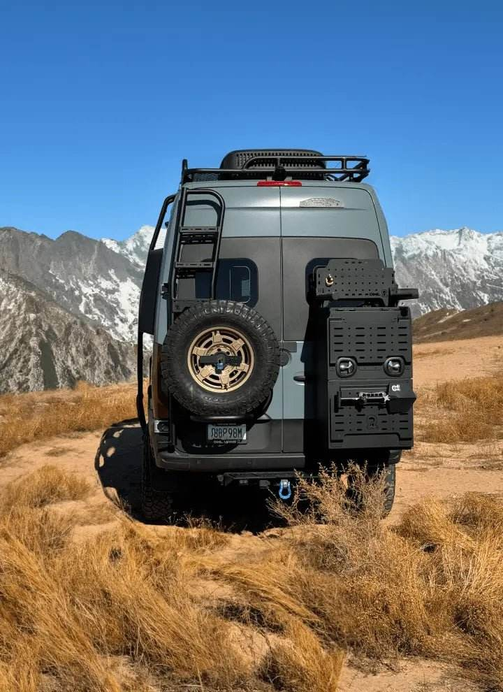Owl ladder and tire carrier on the rear doors of a Mercedes Sprinter van in an outdoor setting