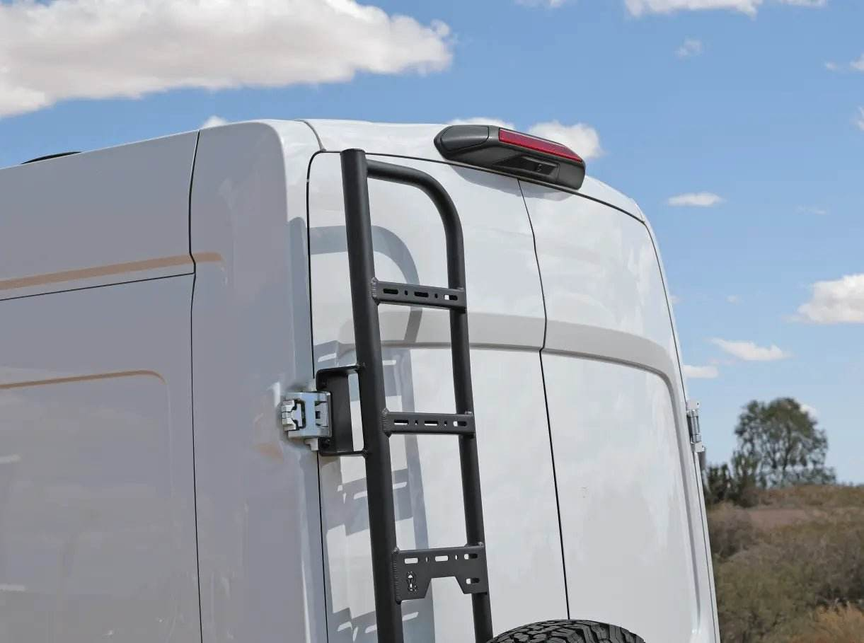 Close-up of the Owl ladder mounted on the rear doors of a Ford Transit