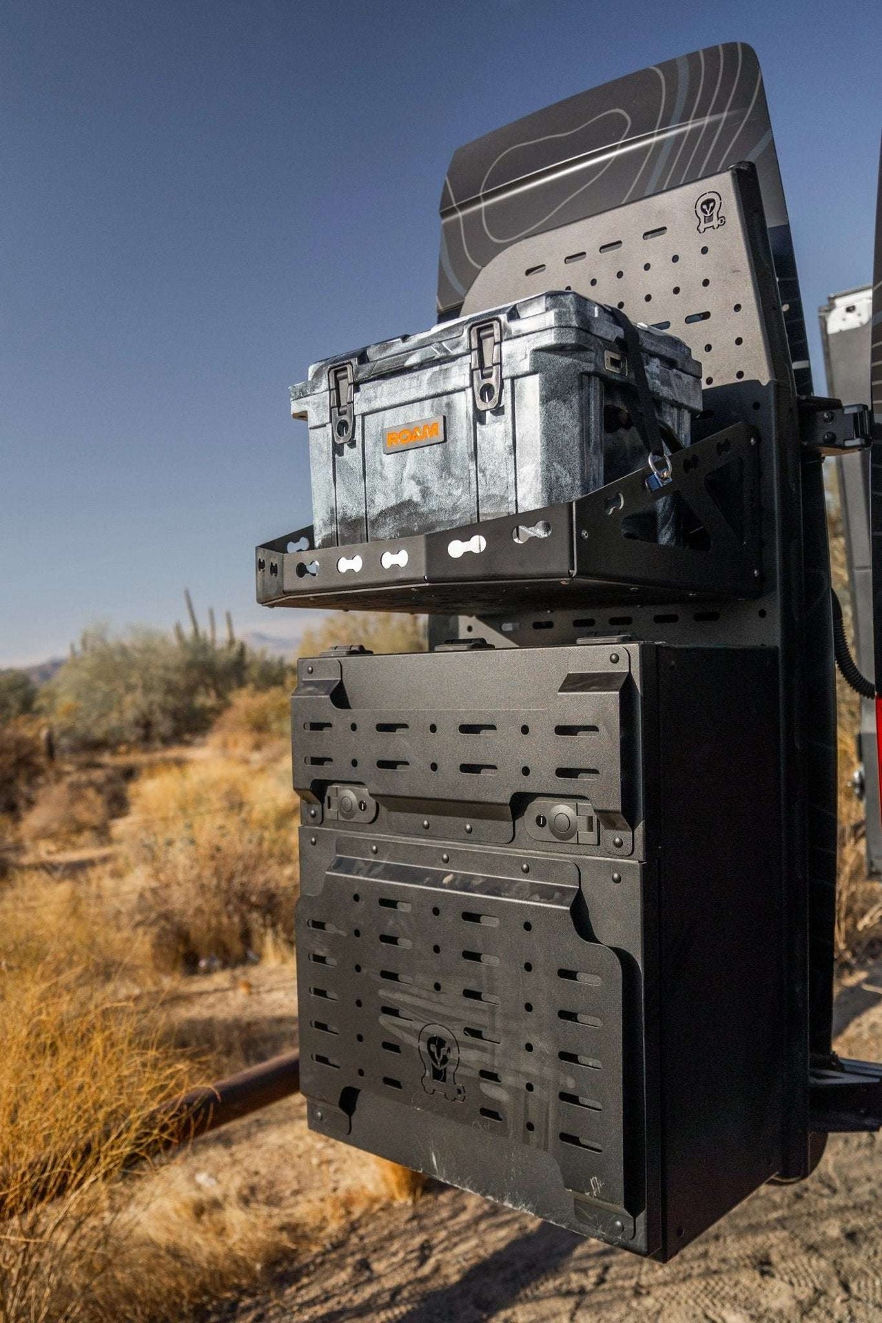 Gear Basket for Owl B2 Pro carrying a gear case mounted on a Mercedes Sprinter van