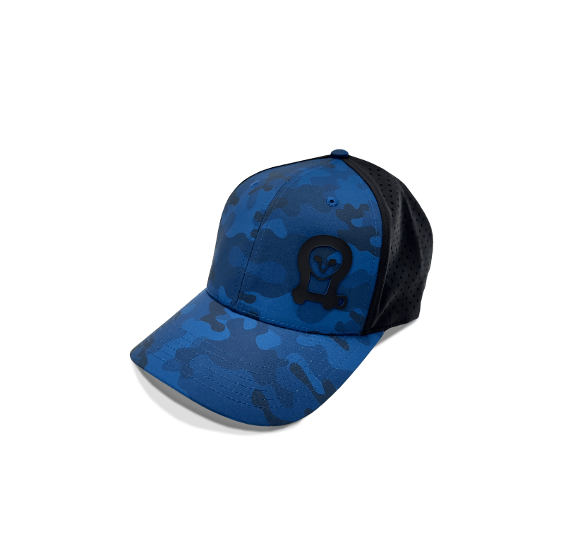 Blue camo Owl Waterproof Hat with black mesh back and owl patch made from recycled materials, waterproof and eco-friendly.