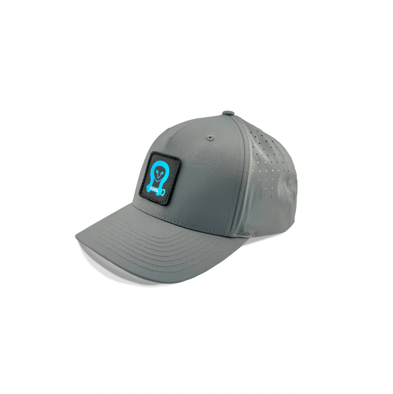 Grey Owl Waterproof Hat made from recycled plastic bottles with a subtle blue owl patch and breathable perforations