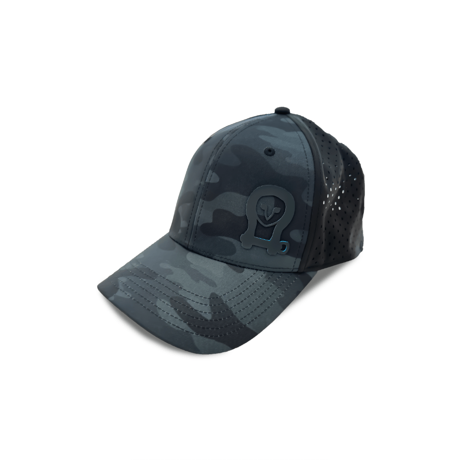 Owl Waterproof Hat made from recycled plastic bottles with a dark camo pattern and owl patch, eco-friendly and waterproof design.