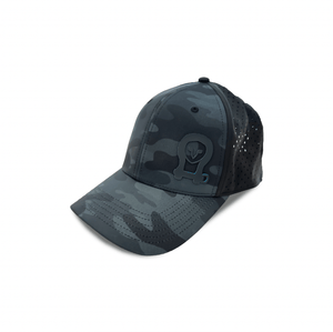 Owl Waterproof Hat made from recycled plastic bottles with a dark camo pattern and owl patch, eco-friendly and waterproof design.