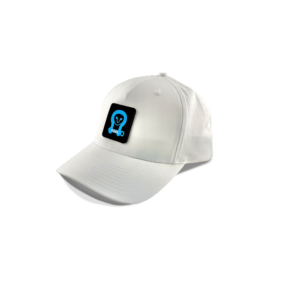 White eco-friendly Owl Waterproof Hat with blue owl patch made from recycled plastic bottles