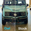 Talon Wheels on INEOS Grenadier showcasing Owl vs. Stock comparison.