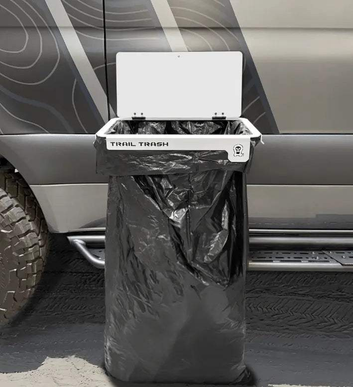 Magnetic Trail Trash holder attached to off-road vehicle for camping waste management