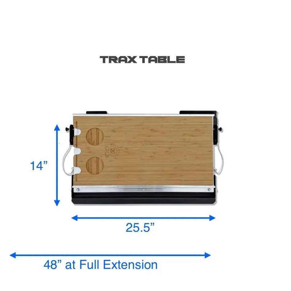 Trax Table with bamboo surface, cup holders, and adjustable extension measuring 14 by 25.5 inches