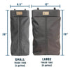 Seatback Trash Bags in small and large sizes with roll-top closures, shown with measurements.