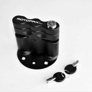 Rotopax Locking Mount with keys for securing fuel or water containers.