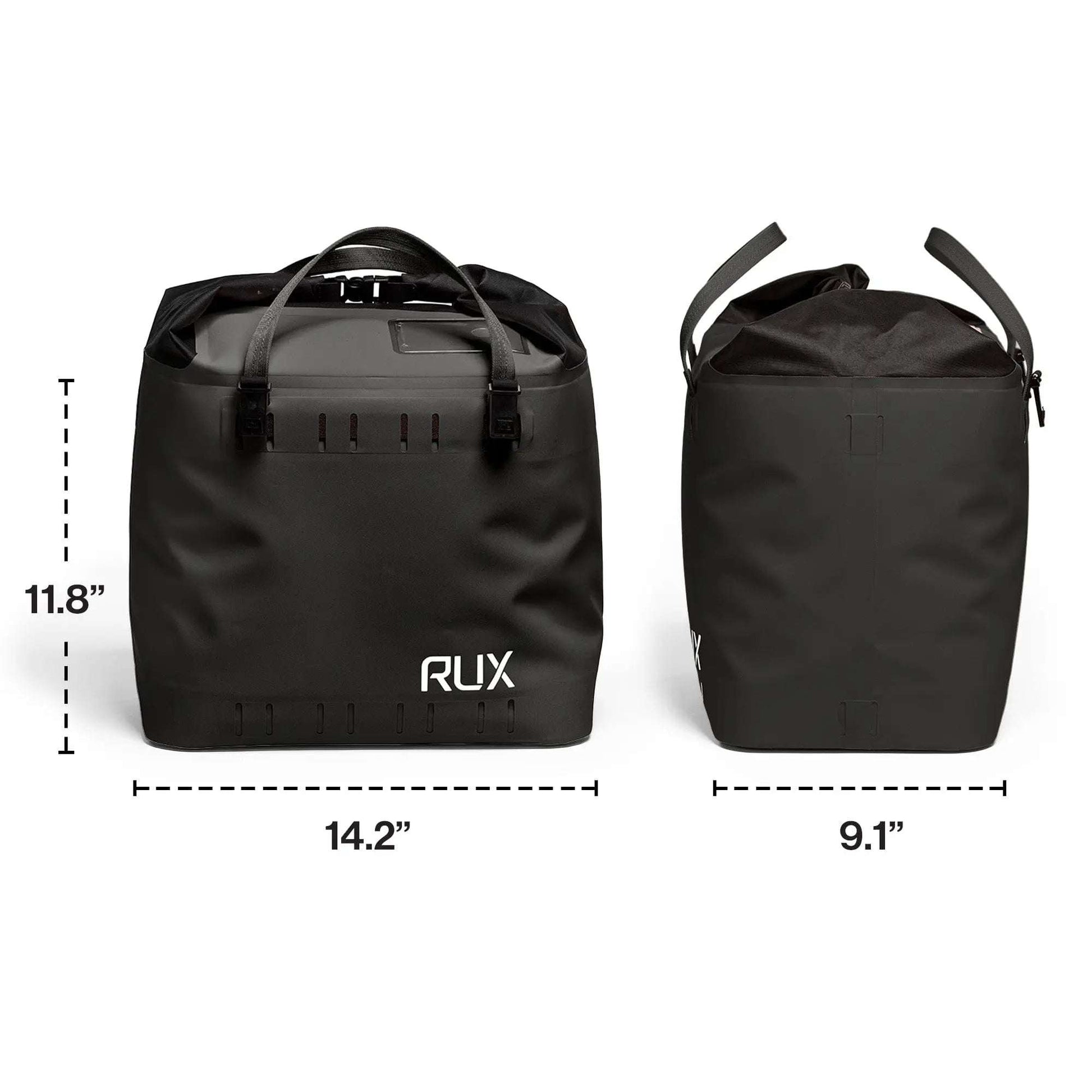 25L Soft Cooler Bag by RUX, durable and sleek design for adventure, front and side view with measurements.
