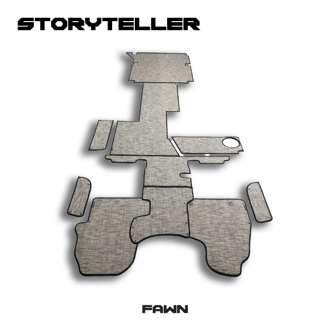 Custom-fit Storyteller floor mats for 2019+ vans in fawn color, designed for durability and easy cleaning.