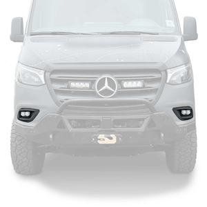 Front view of a Mercedes Sprinter van equipped with high-output SAE sprinter fog lights for improved night and off-road visibility