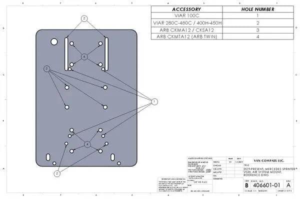 Blueprint diagram of Van Compass air compressor mount for 2019+ Sprinter.