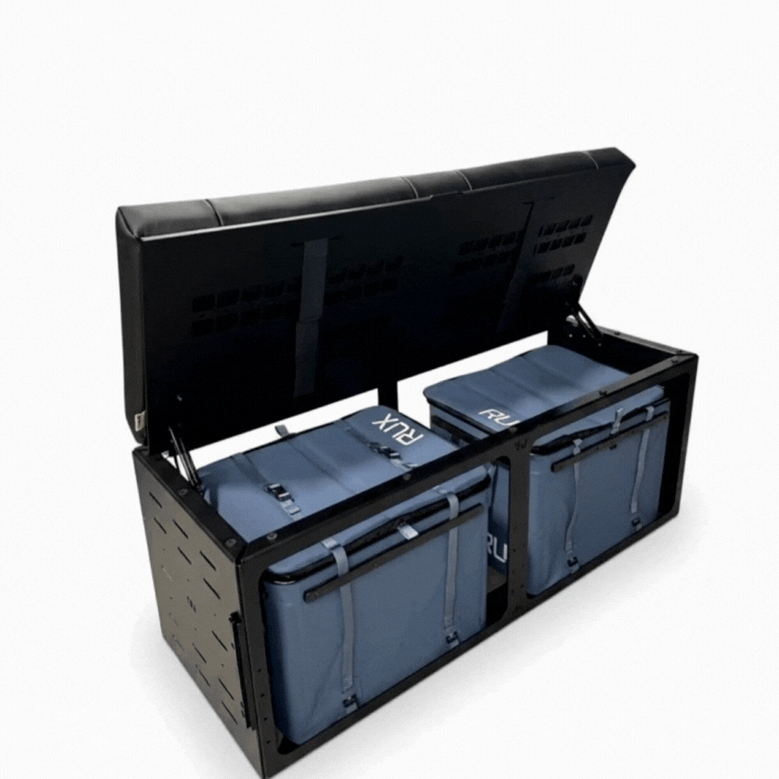GLSS Rux secure floor bolt bench seat with flip-up storage and pre-drilled holes for bungees